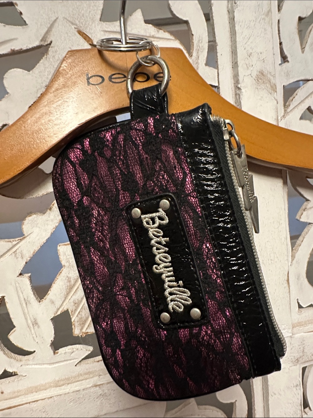 Betsey Johnson Purple Lace Mini Key Pouch with Black Trim